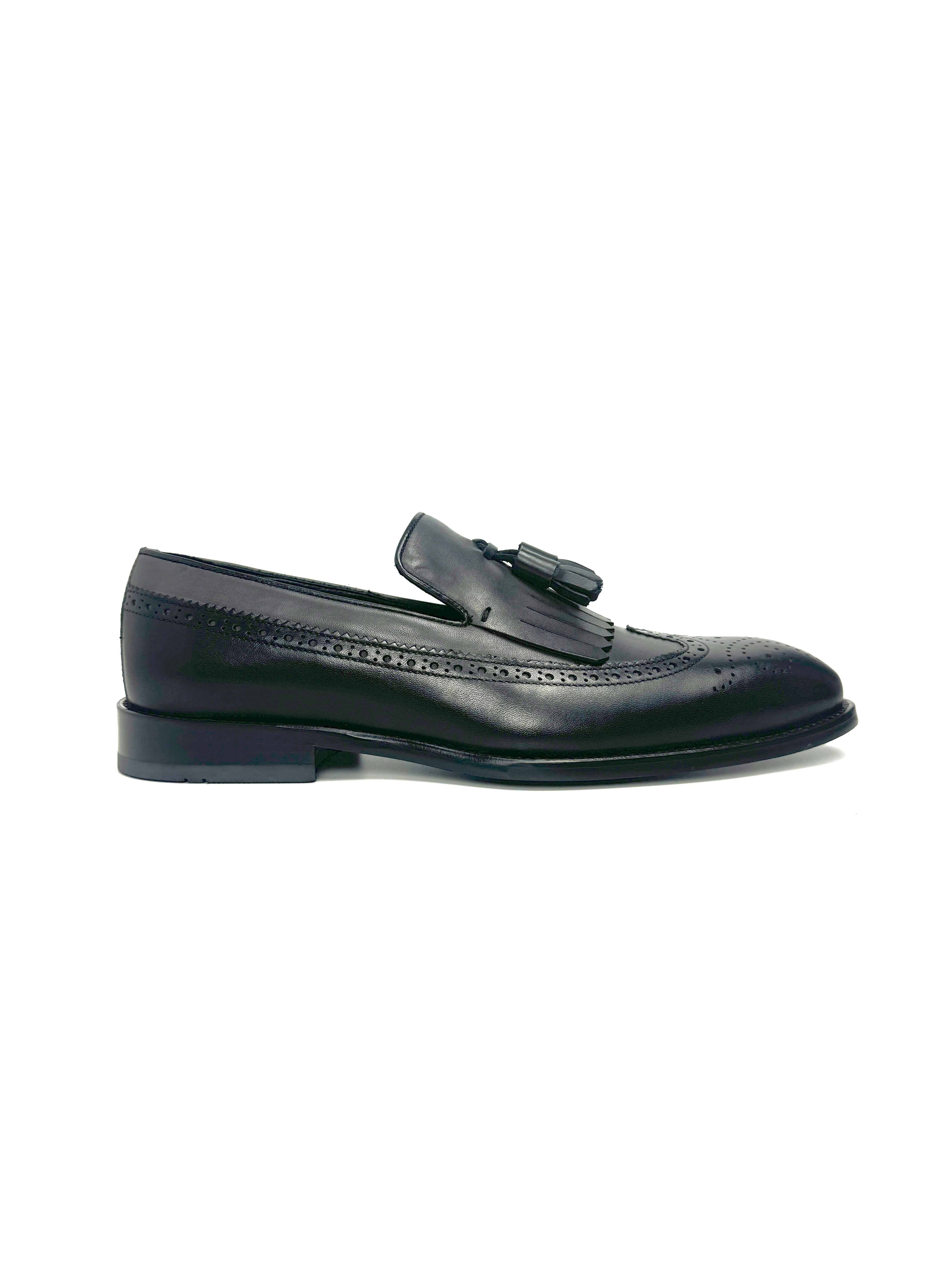 Silingech Black & Charcoal Calf Leather Tassel Loafers