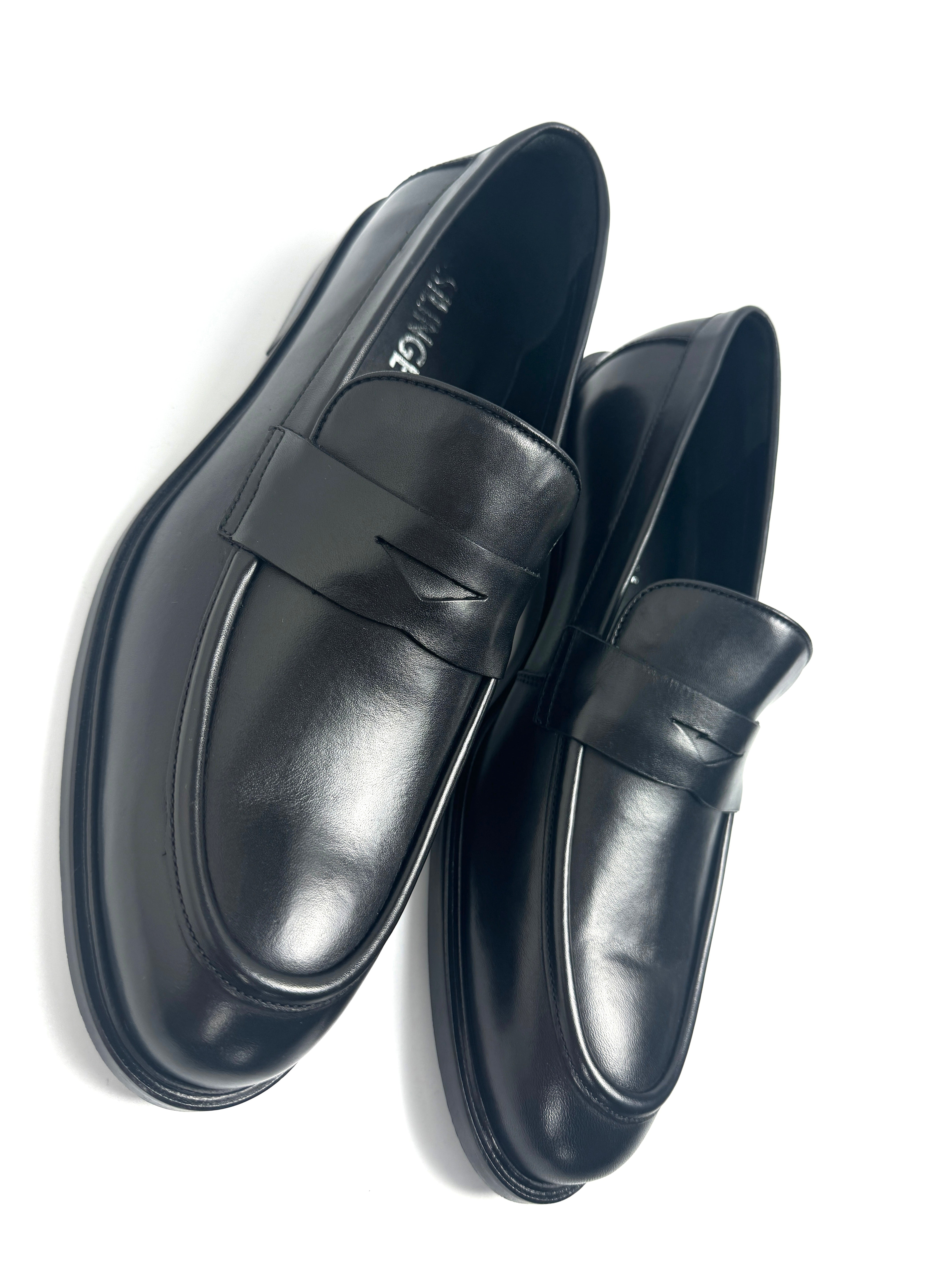 Silingech Black Calf Leather Penny Loafers