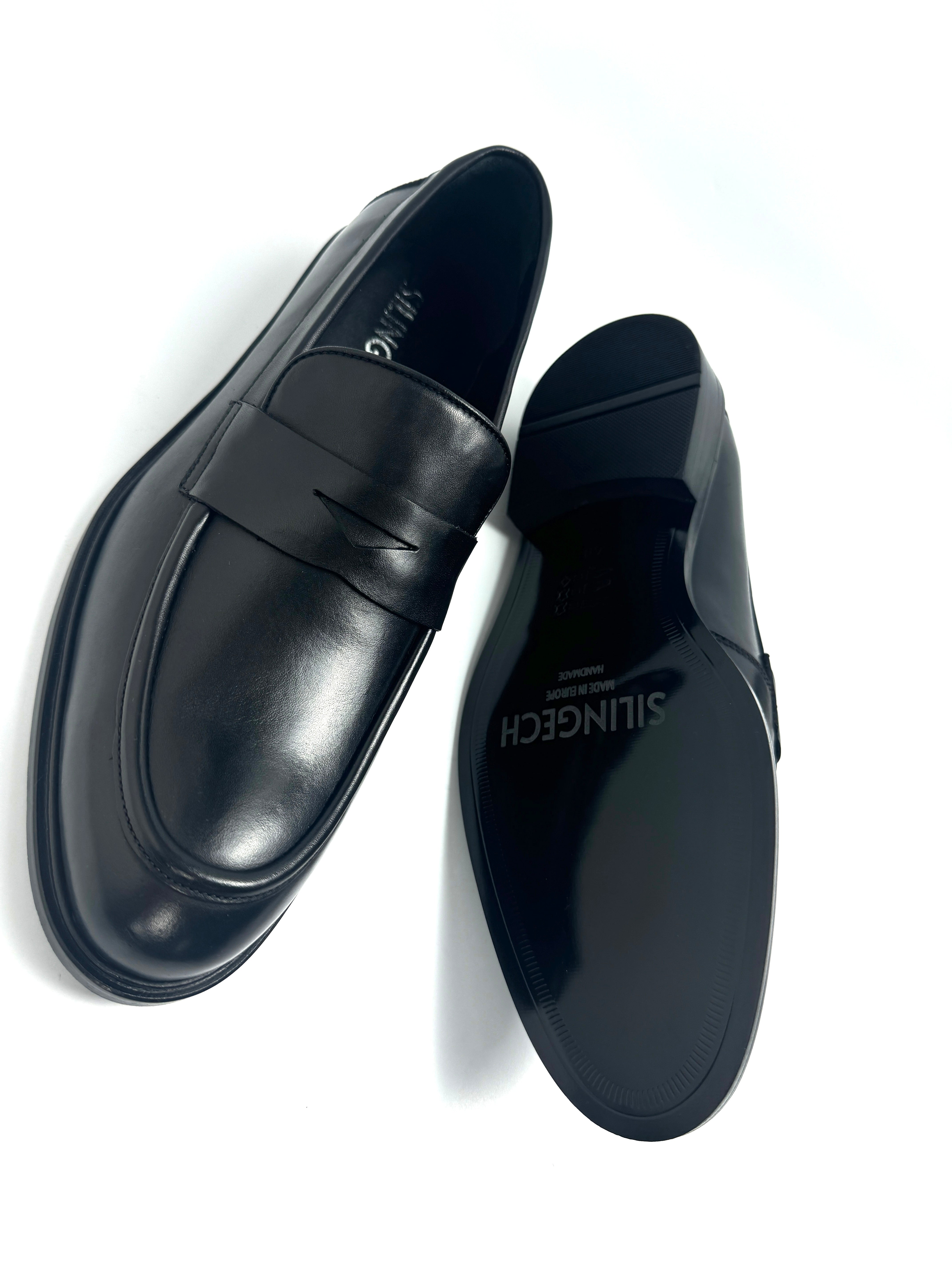 Silingech Black Calf Leather Penny Loafers