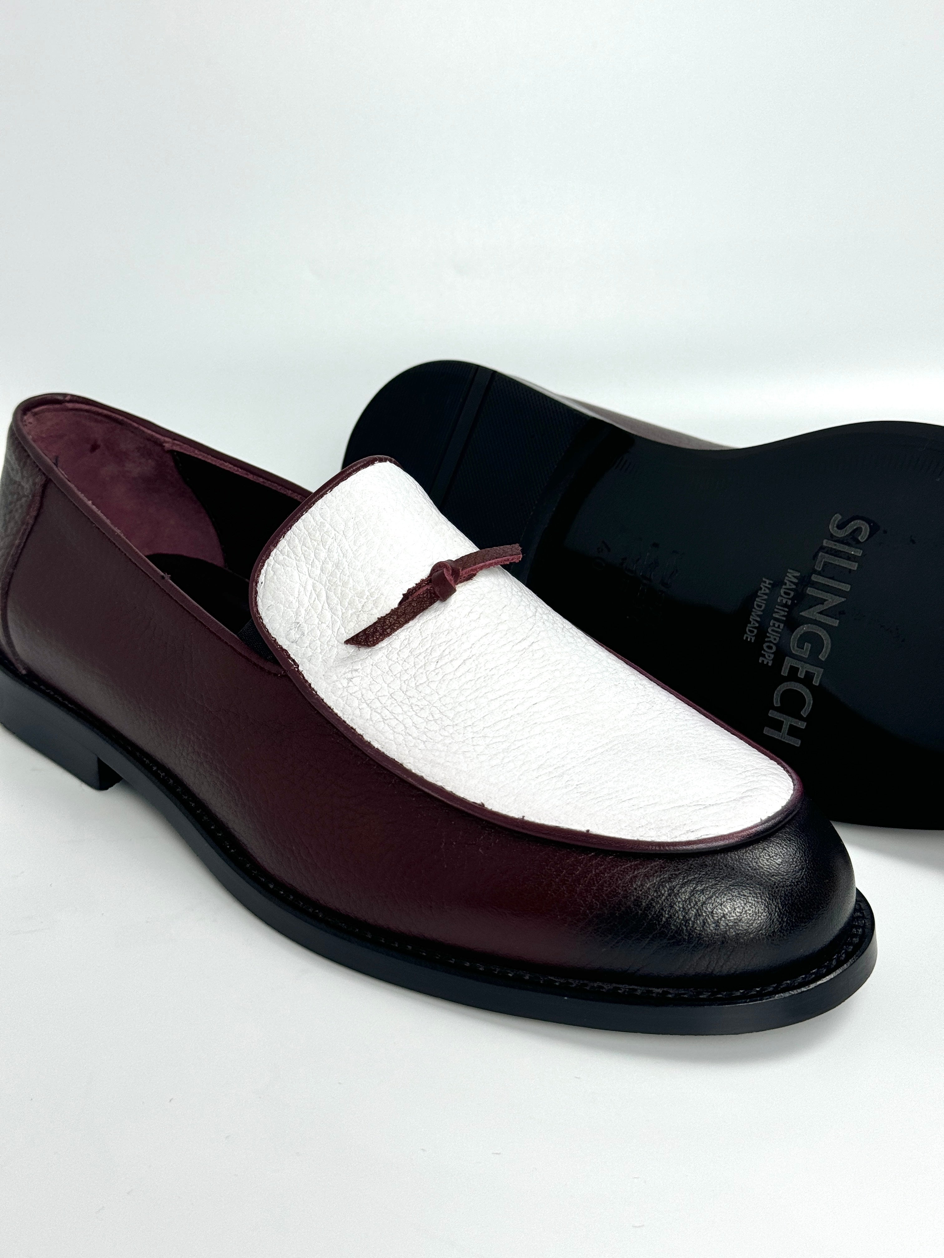 Silingech Textured Burgundy & White Calf Leather Tassel Loafers