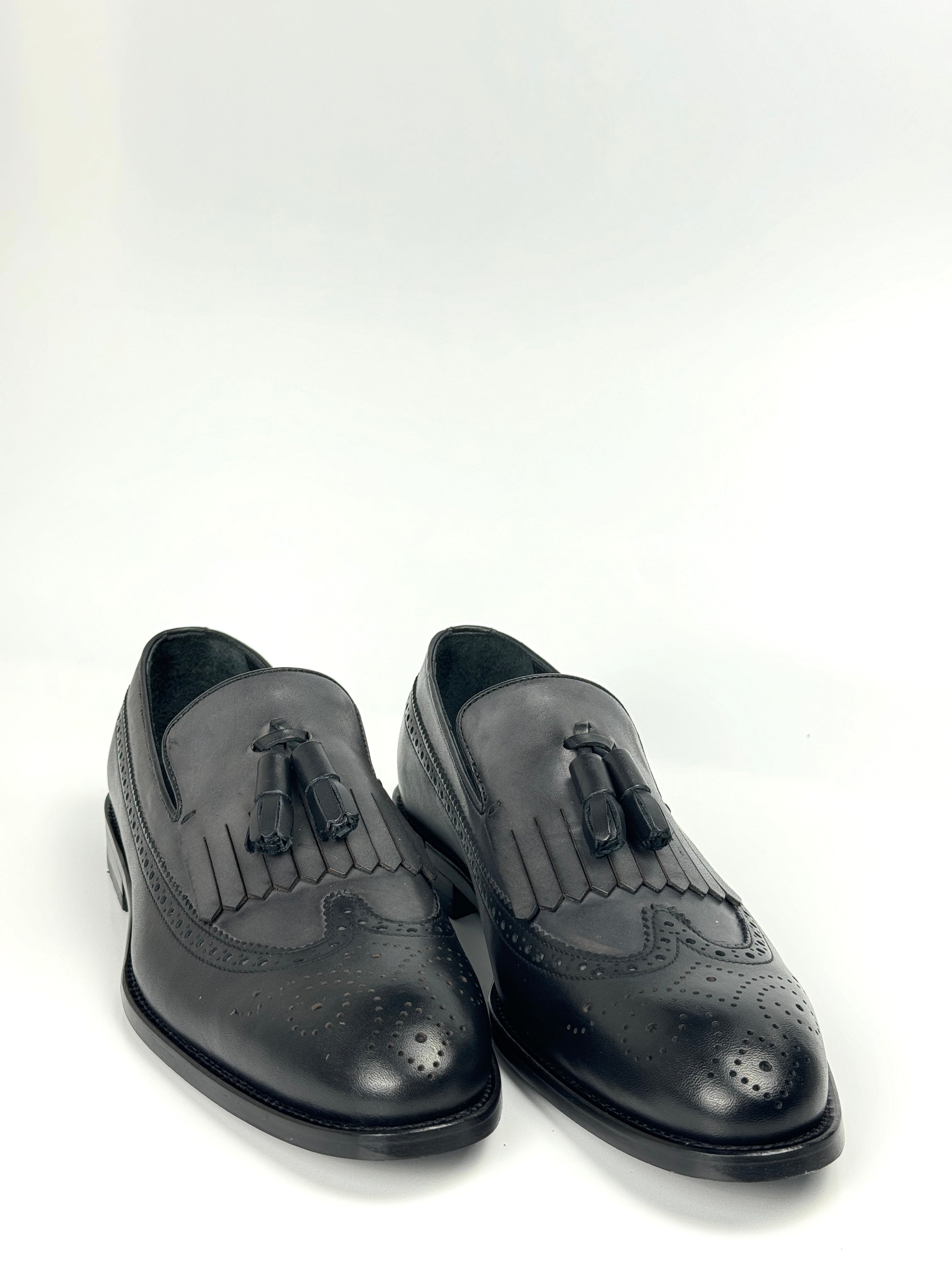 Silingech Black & Charcoal Calf Leather Tassel Loafers