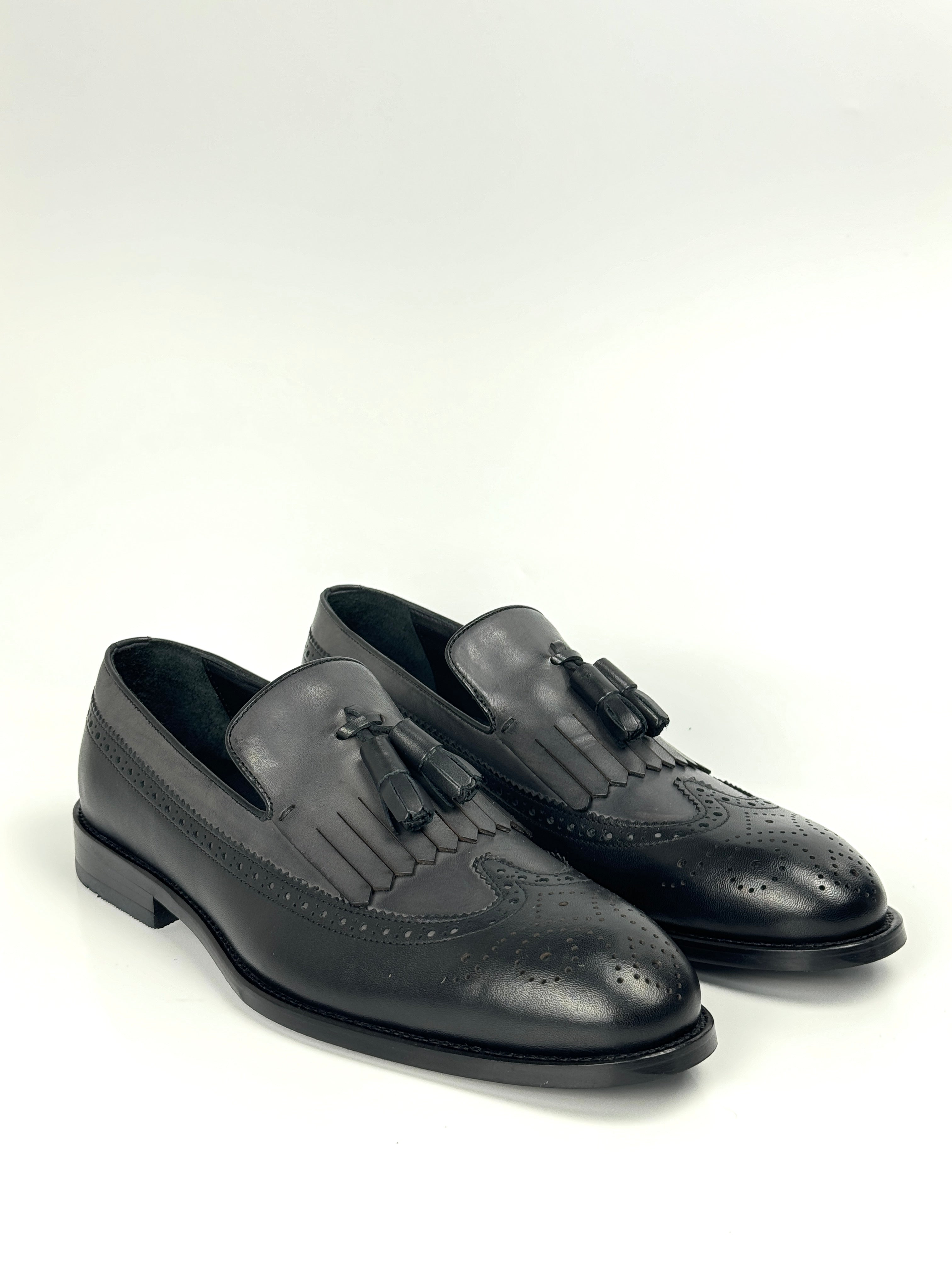 Silingech Black & Charcoal Calf Leather Tassel Loafers