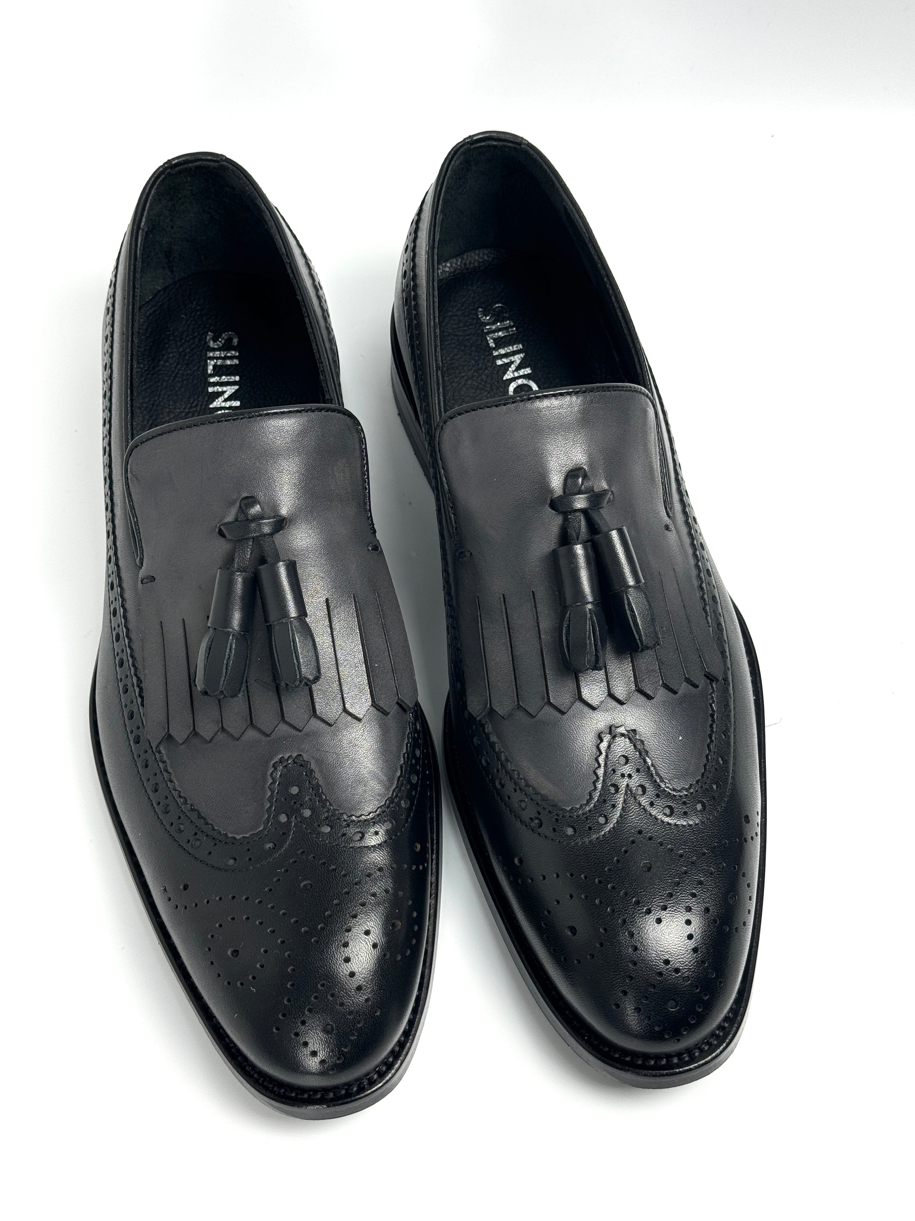 Silingech Black & Charcoal Calf Leather Tassel Loafers