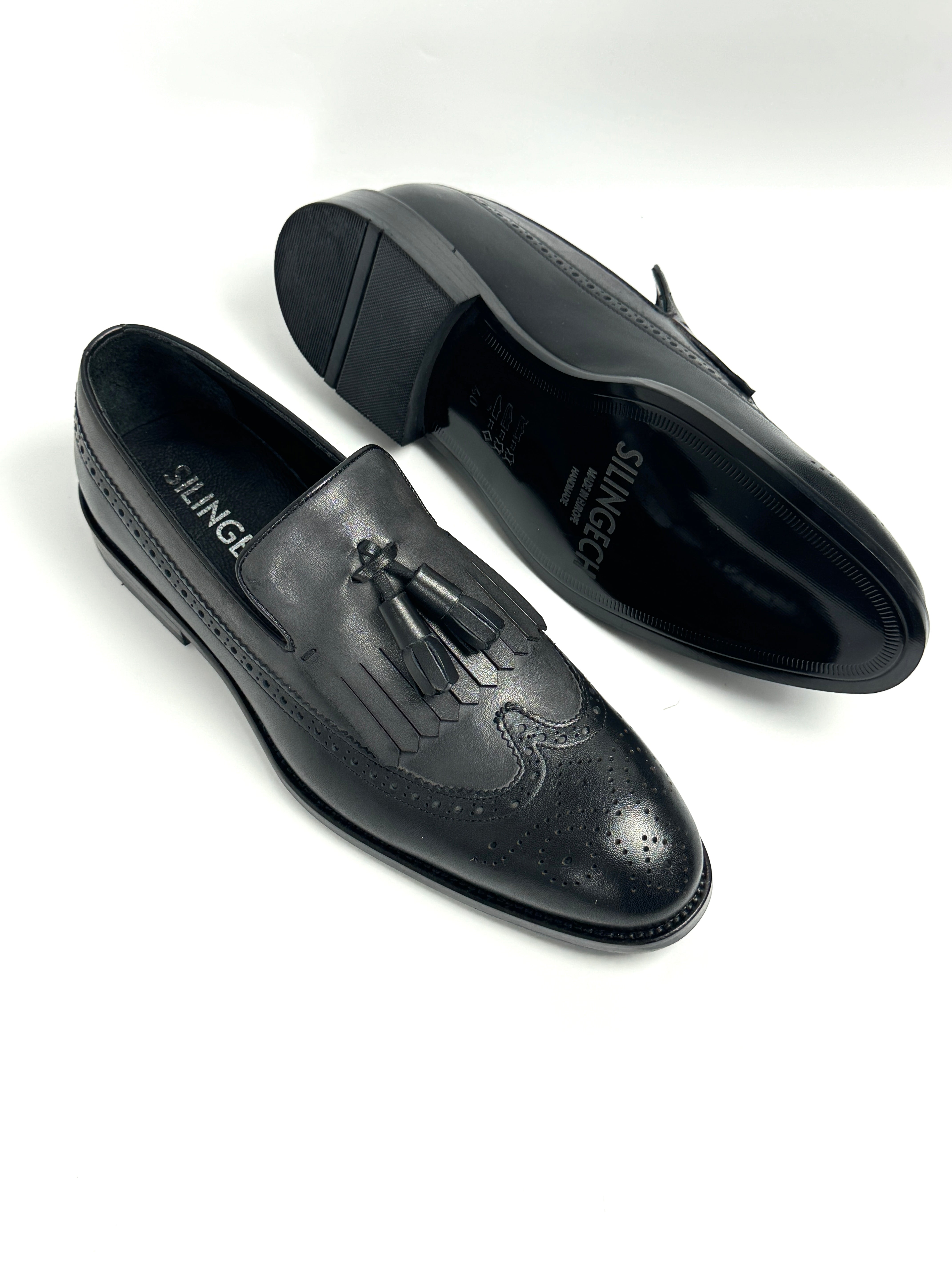 Silingech Black & Charcoal Calf Leather Tassel Loafers