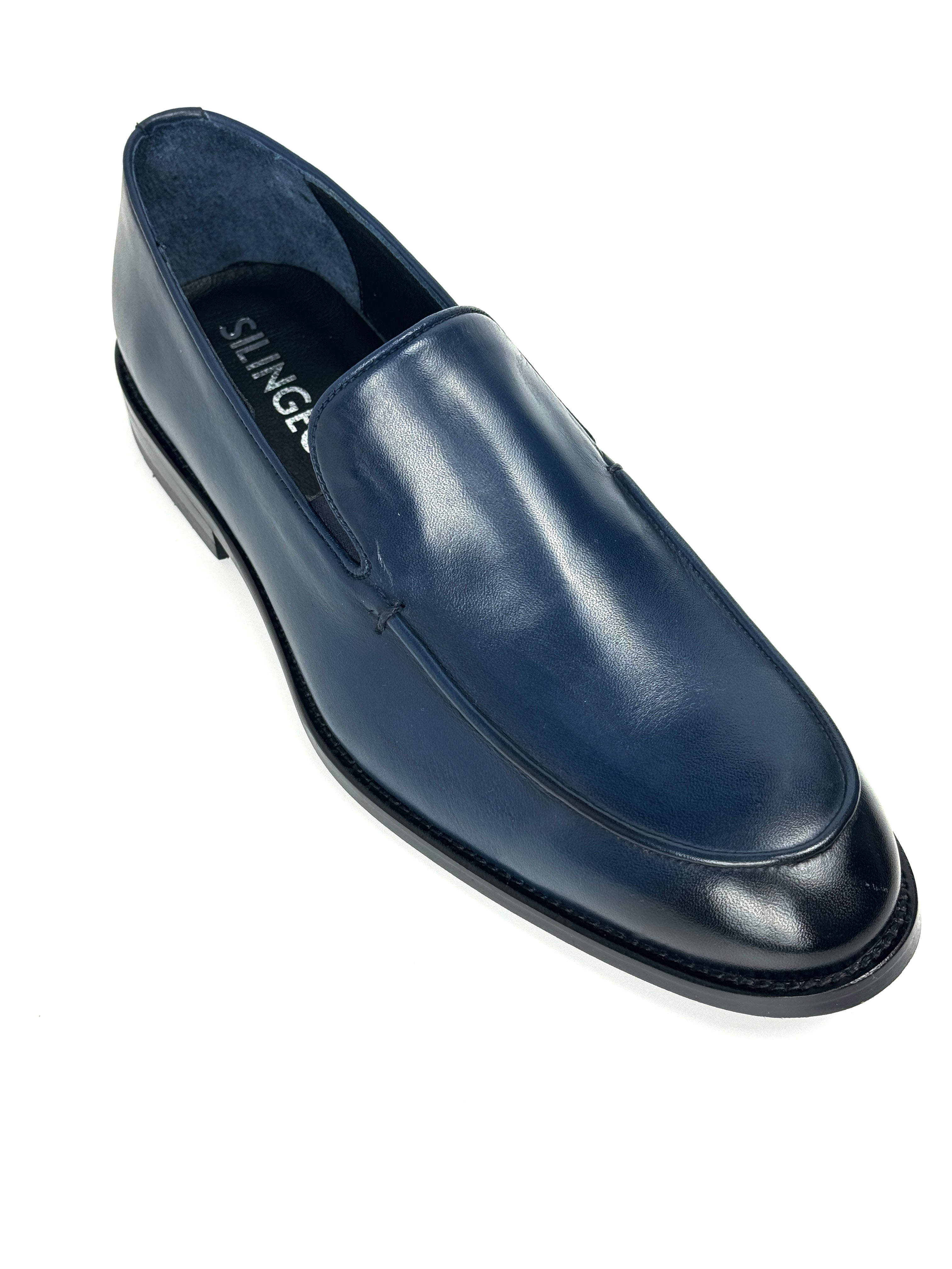 Silingech Navy Blue Calf Leather Slip-On Loafers