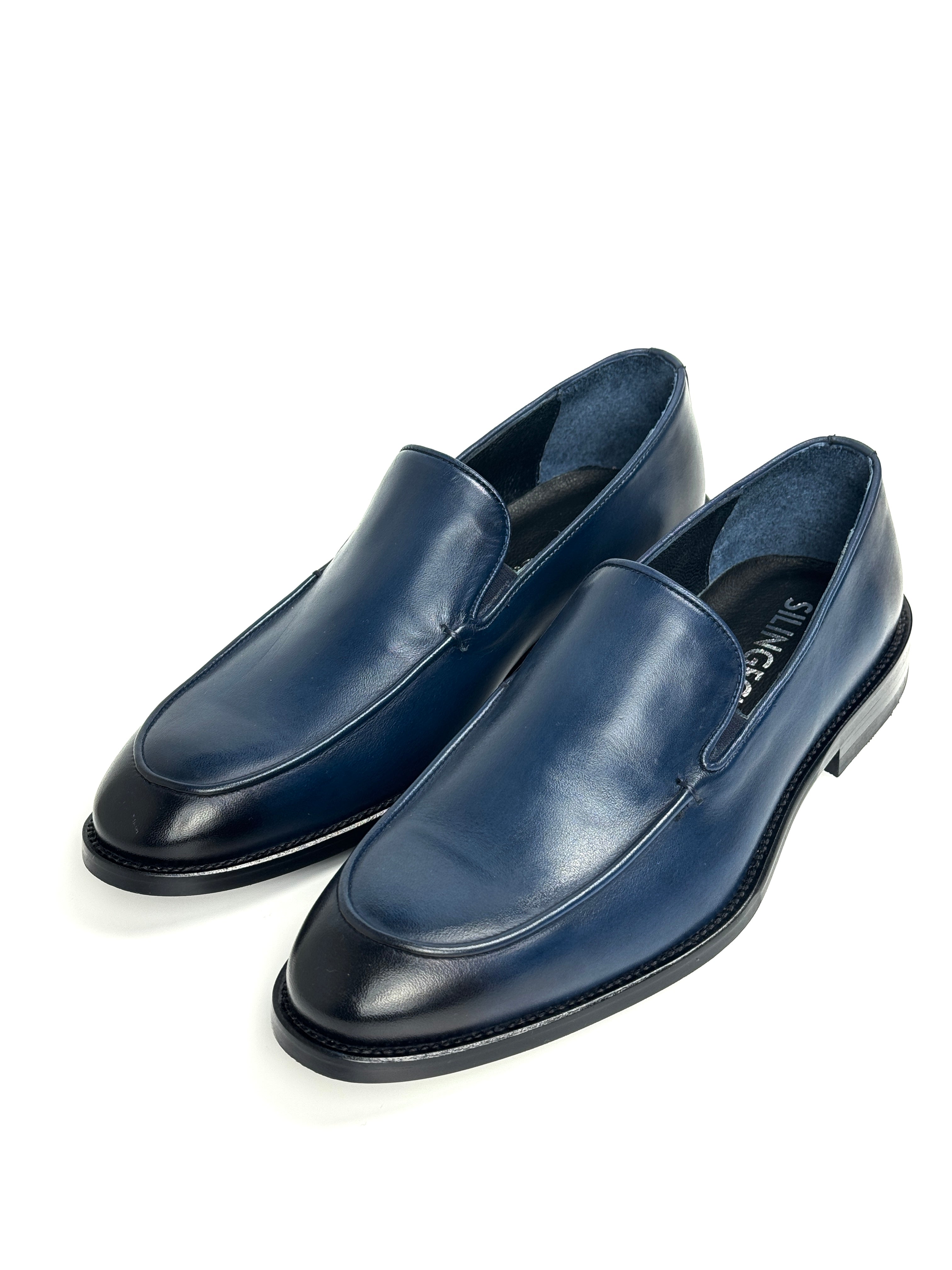 Silingech Navy Blue Calf Leather Slip-On Loafers