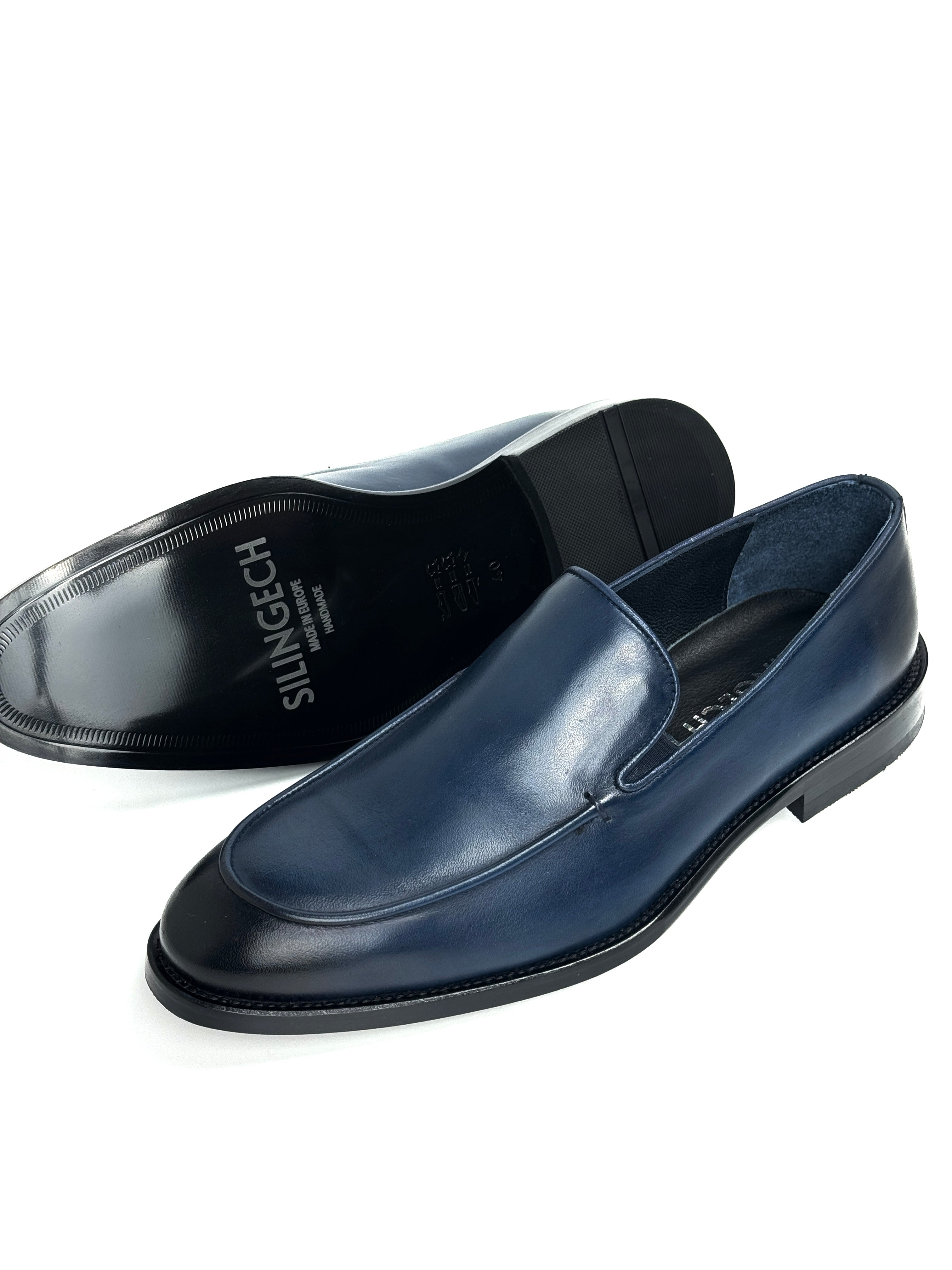 Silingech Navy Blue Calf Leather Slip-On Loafers