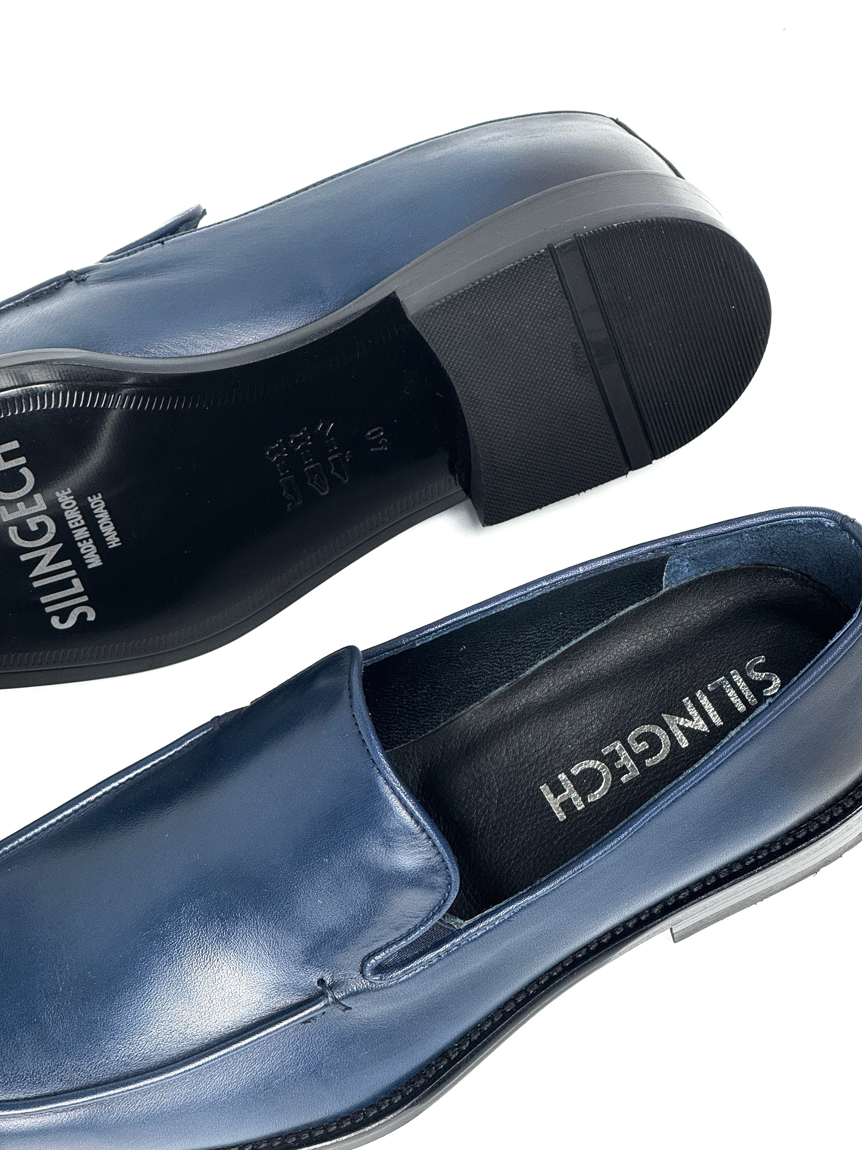 Silingech Navy Blue Calf Leather Slip-On Loafers