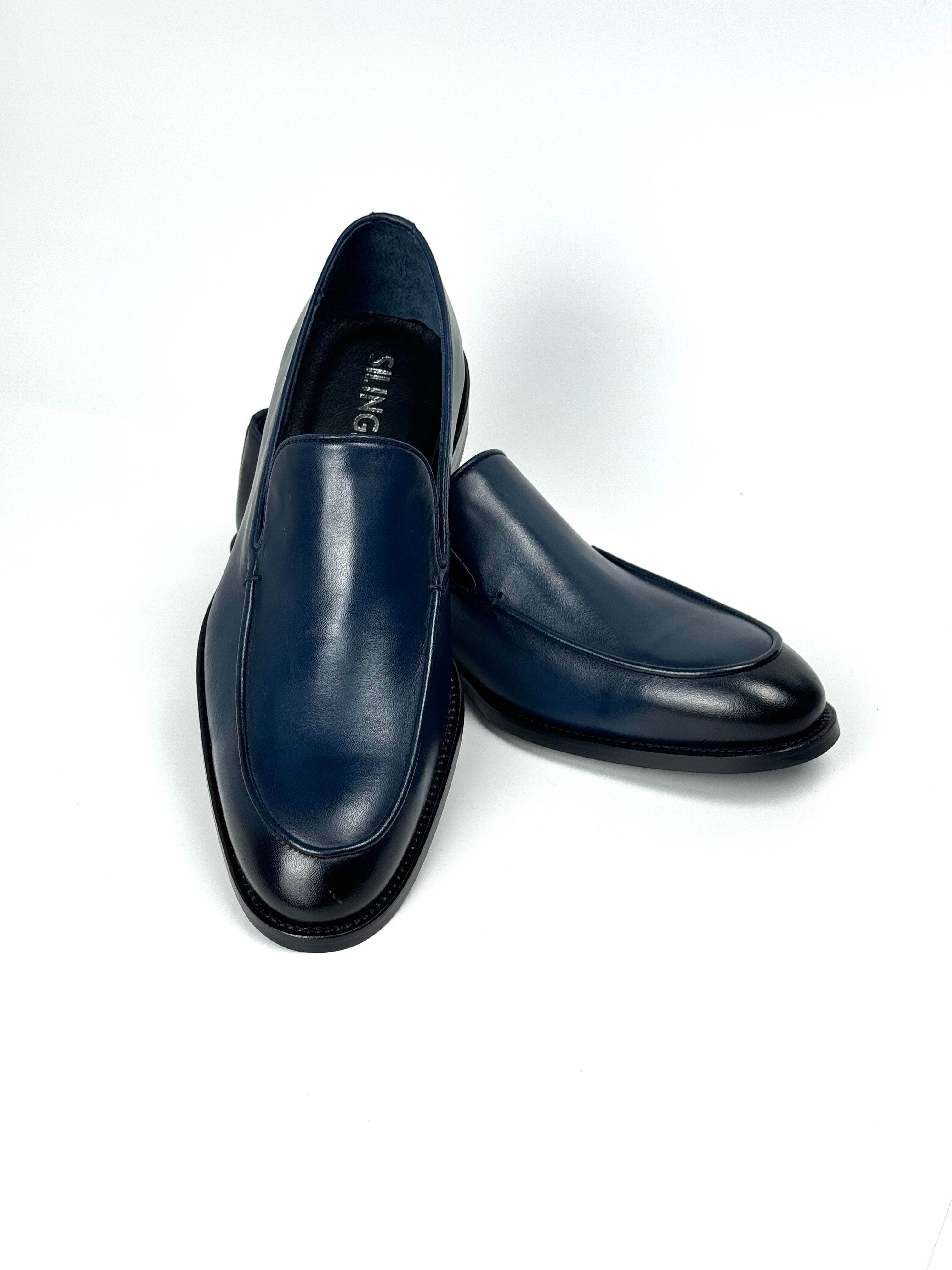 Silingech Navy Blue Calf Leather Slip-On Loafers