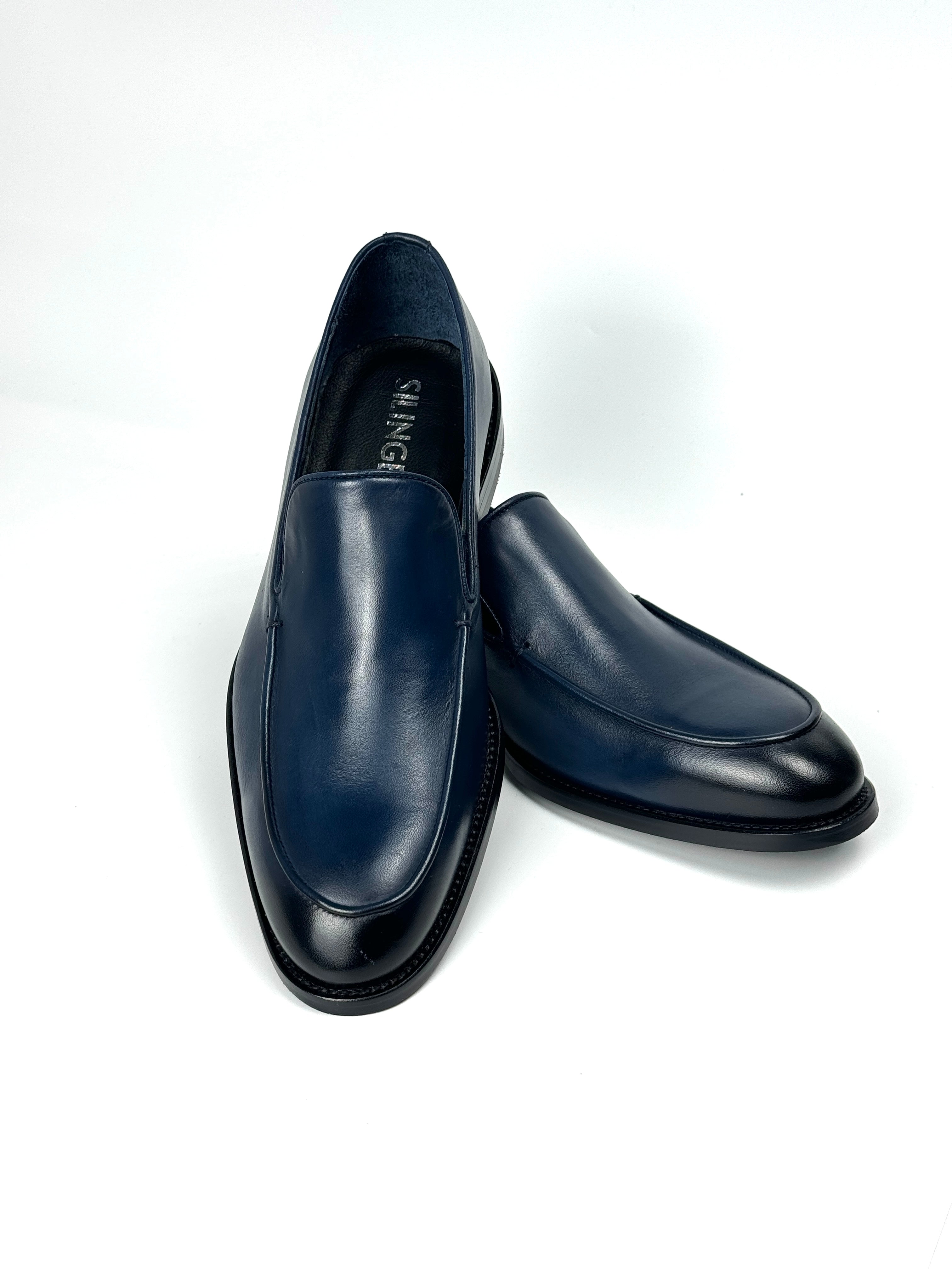 Silingech Navy Blue Calf Leather Slip-On Loafers