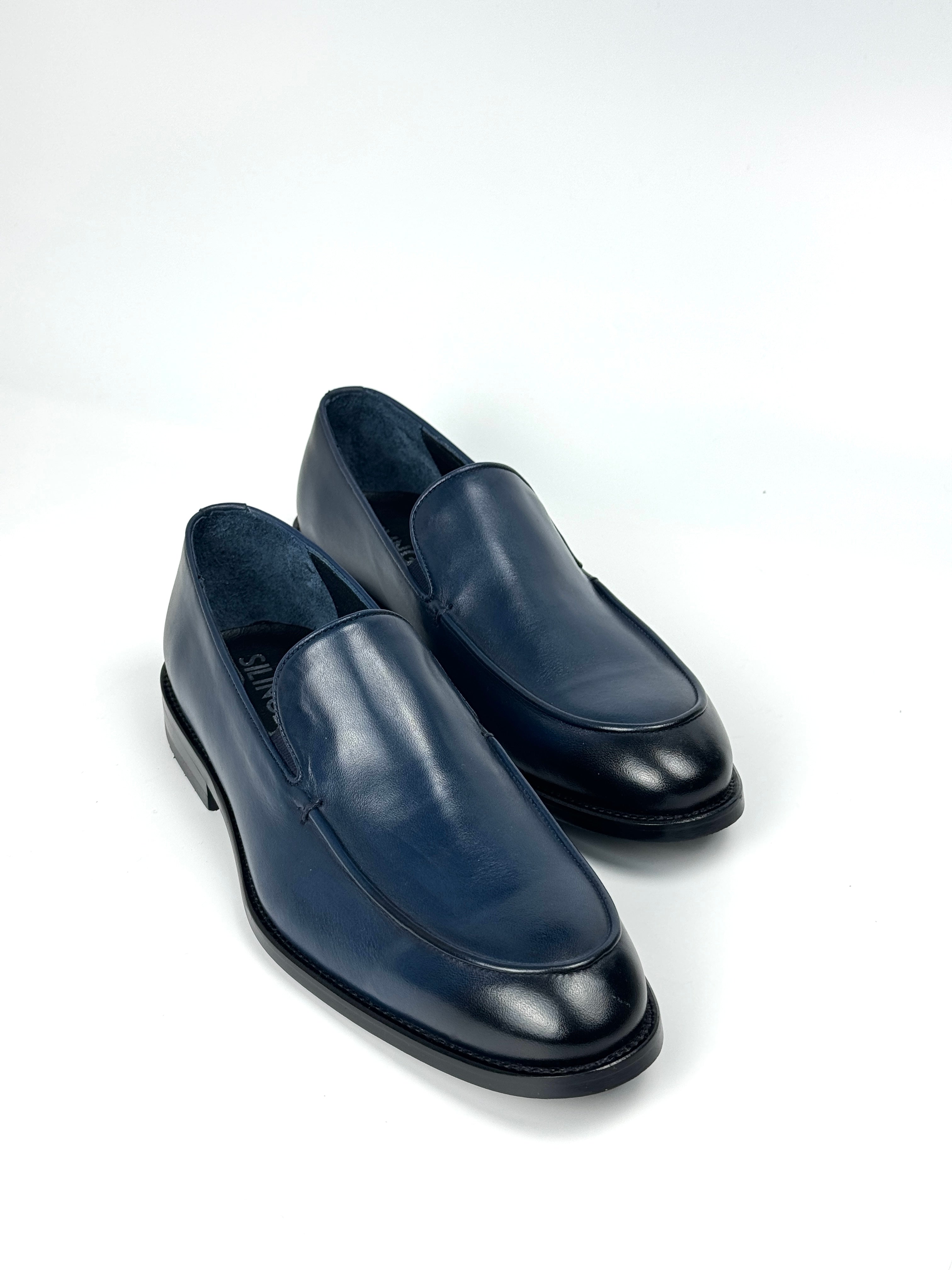 Silingech Navy Blue Calf Leather Slip-On Loafers