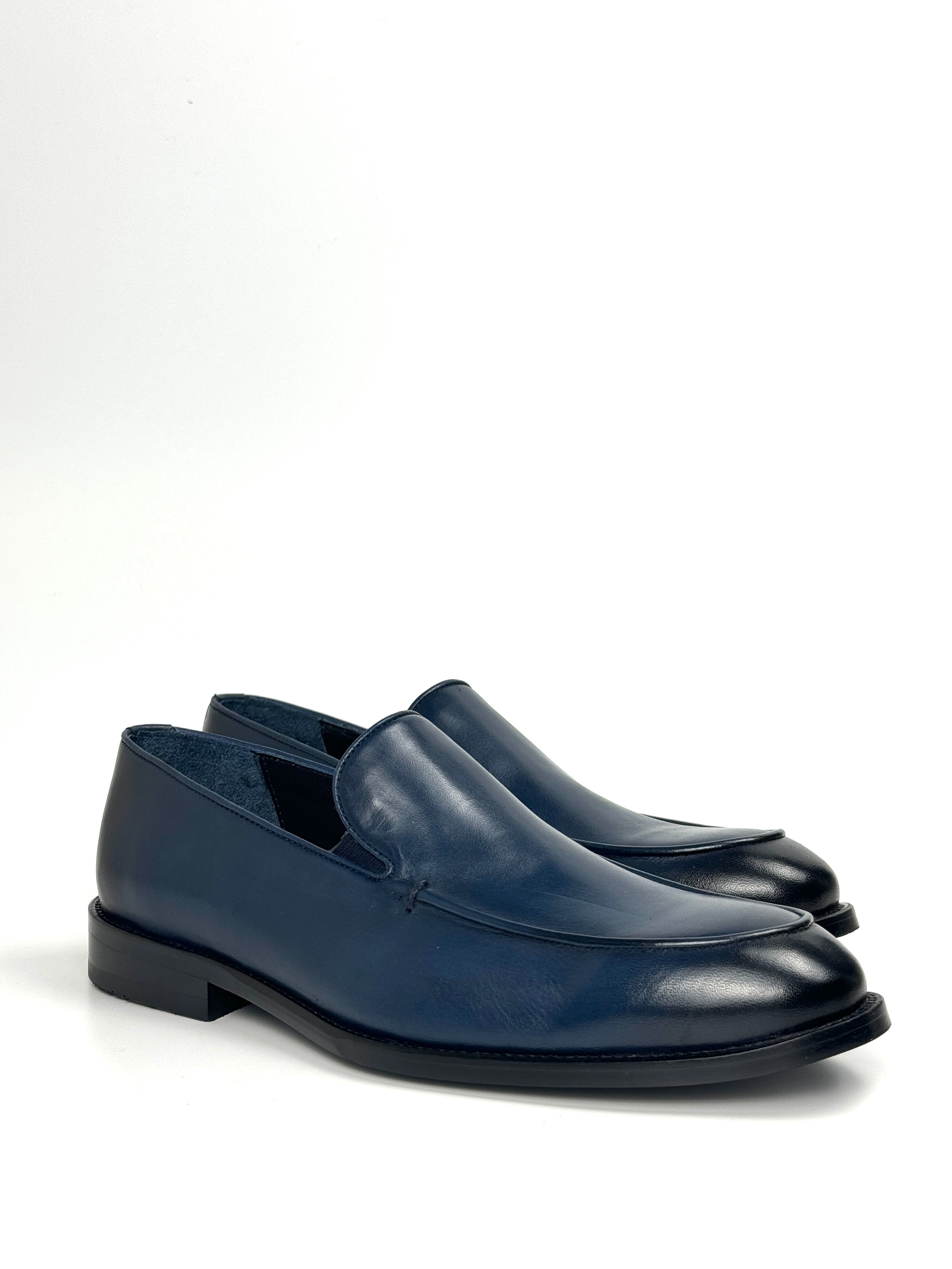 Silingech Navy Blue Calf Leather Slip-On Loafers