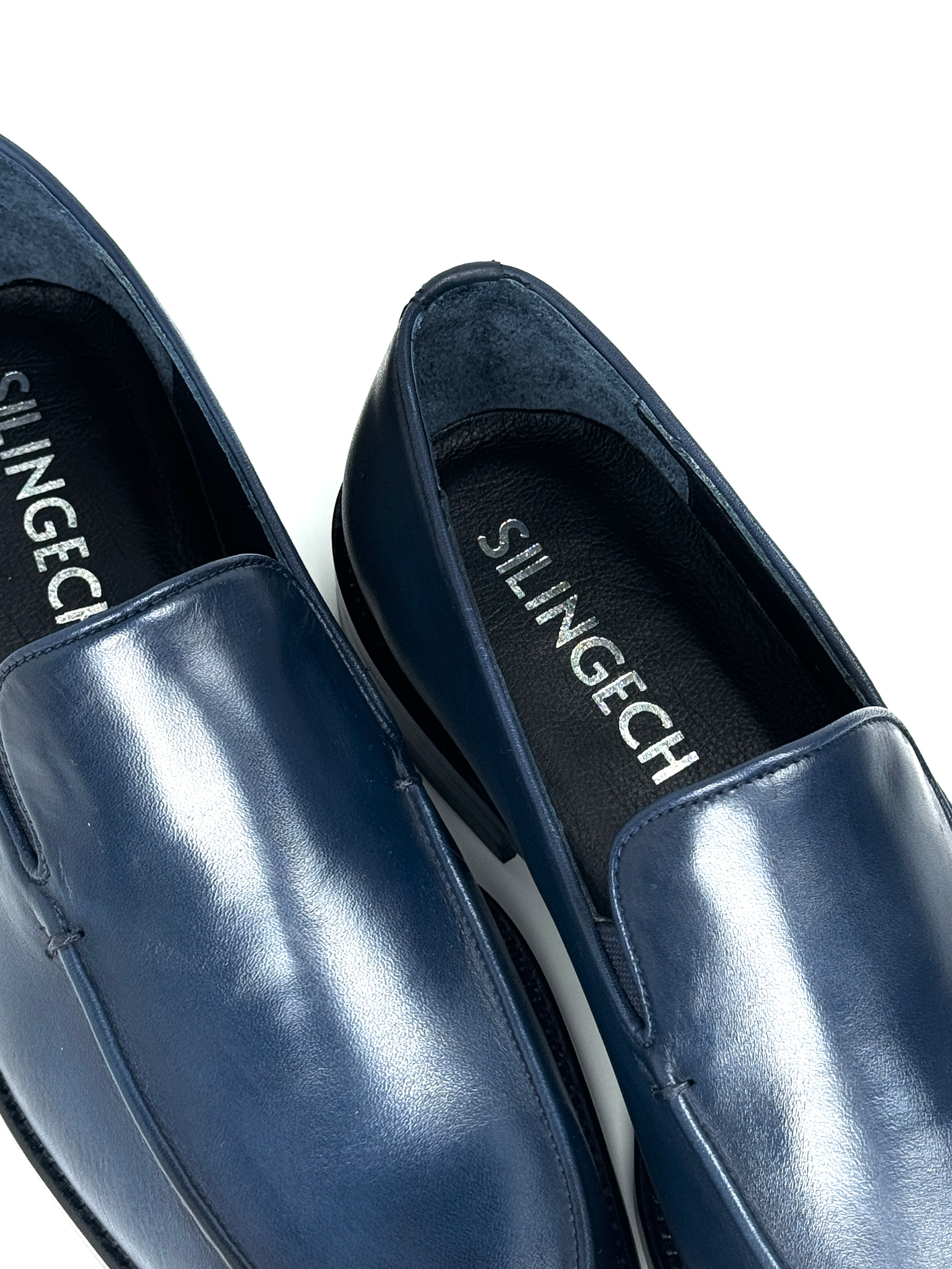 Silingech Navy Blue Calf Leather Slip-On Loafers